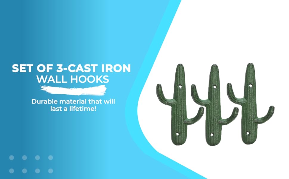 Set of 3 Cast Iron Cactus Double Wall Hooks/Hangers Decorative Wall
