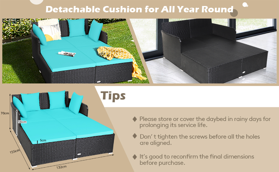 COSTWAY Outdoor Rattan Daybed, Patio Sofa Bed Sun Lounger Couch With Upholstered Cushions, Wicker Weave Loveseat Conversation Furniture Set For Garden Yard And Poolside (Red) 14 2