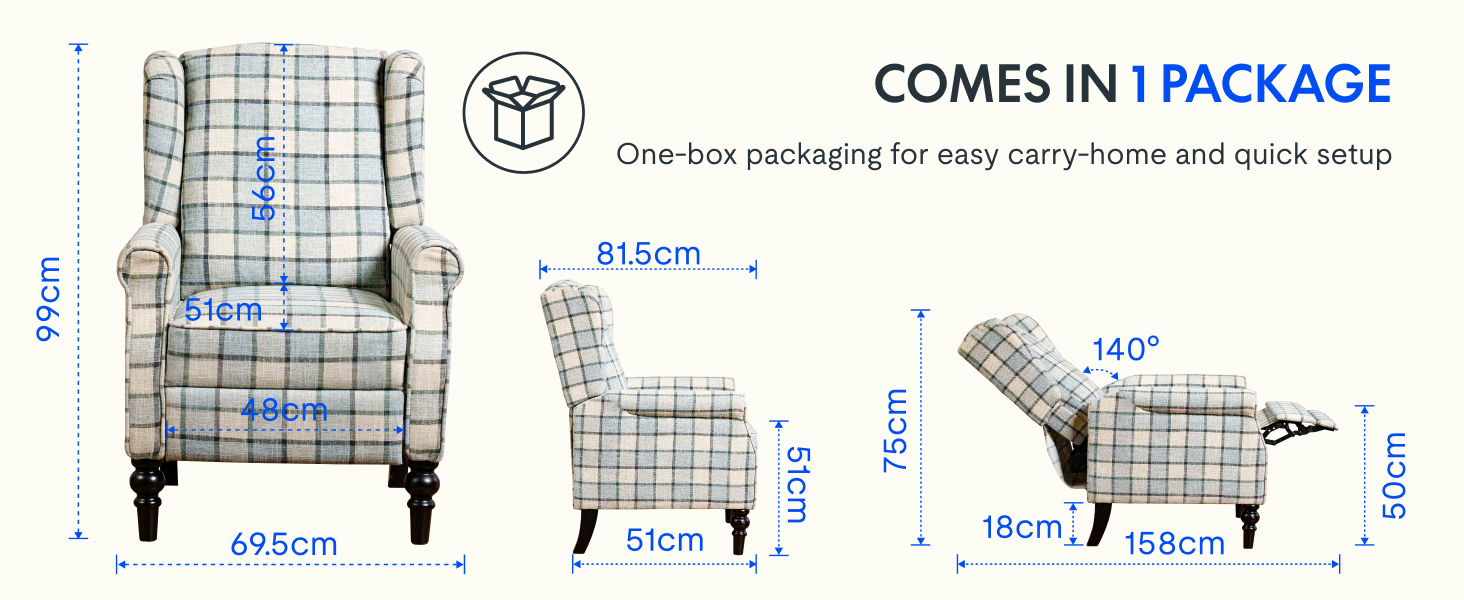 Text reads 'COMES IN 1 PACKAGE'. Technical diagram showing dimensions and views of an upholstered armchair in plaid pattern from multiple angles.