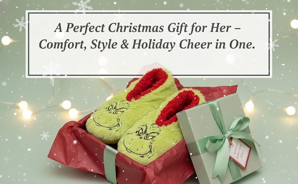 Text reads: 'A Perfect Christmas Gift for Her - Comfort, Style & Holiday Cheer in One.' Product image showing red and green holiday-themed slippers or footwear.
