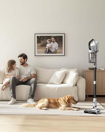 Home interior sequence showing vacuum cleaning on light-colored carpet. Multiple angles demonstrate cleaning process in modern living room setting.