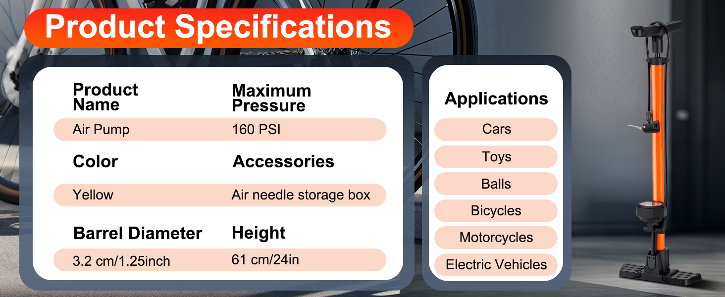 Onvian Floor Bike Pump with Gauge160PSI High Pressure, Air Bicycle Pump Presta and Schrader Valve, Fast Inflation Bike Tire Pump for Bikes, MTB,Hybrid,Balls, Ergonomic Design Bike Accessories Bike Floor Pump Bicycle Pump