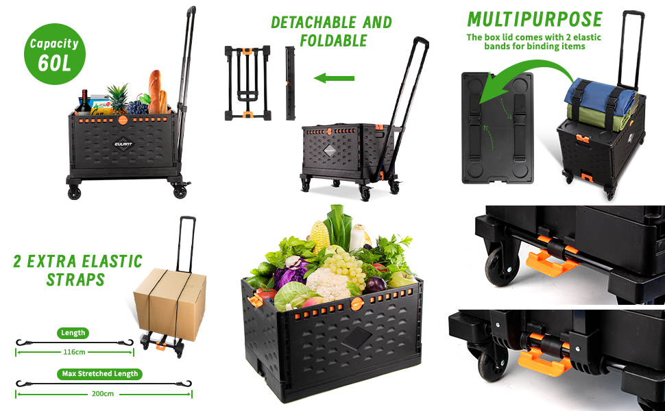 YEEKORO Foldable Utility Cart + Collapsible Crate Portable Rolling Cart