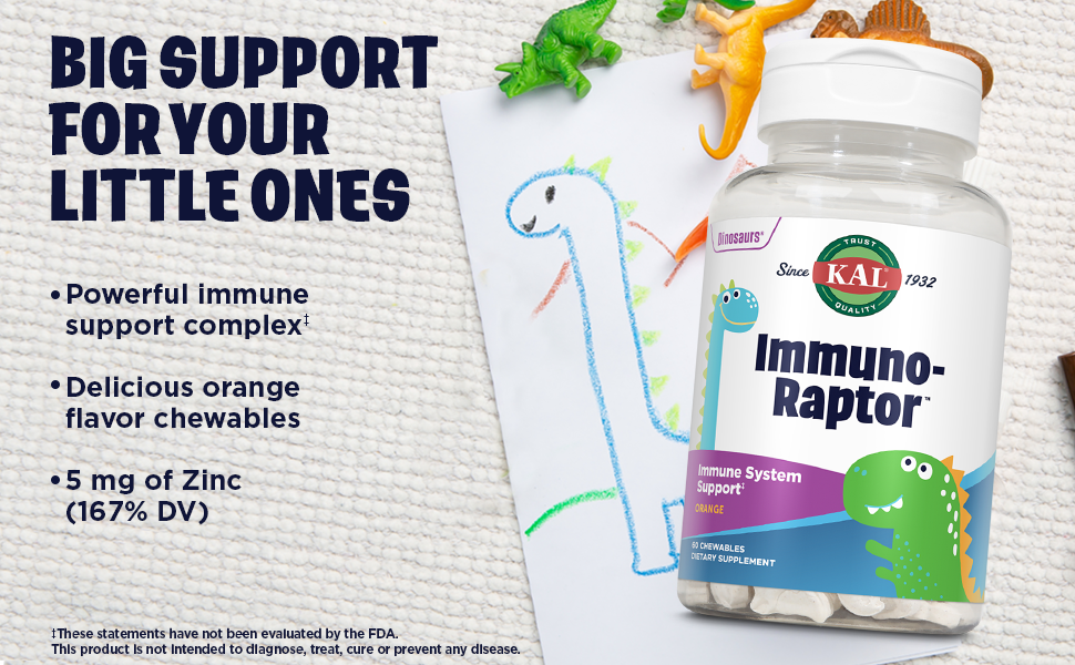 KAL ImmunoRaptor Immune Support Zinc Vitamin C A Beta Glucan Bioflavonoid Natural Orange 60 Chews