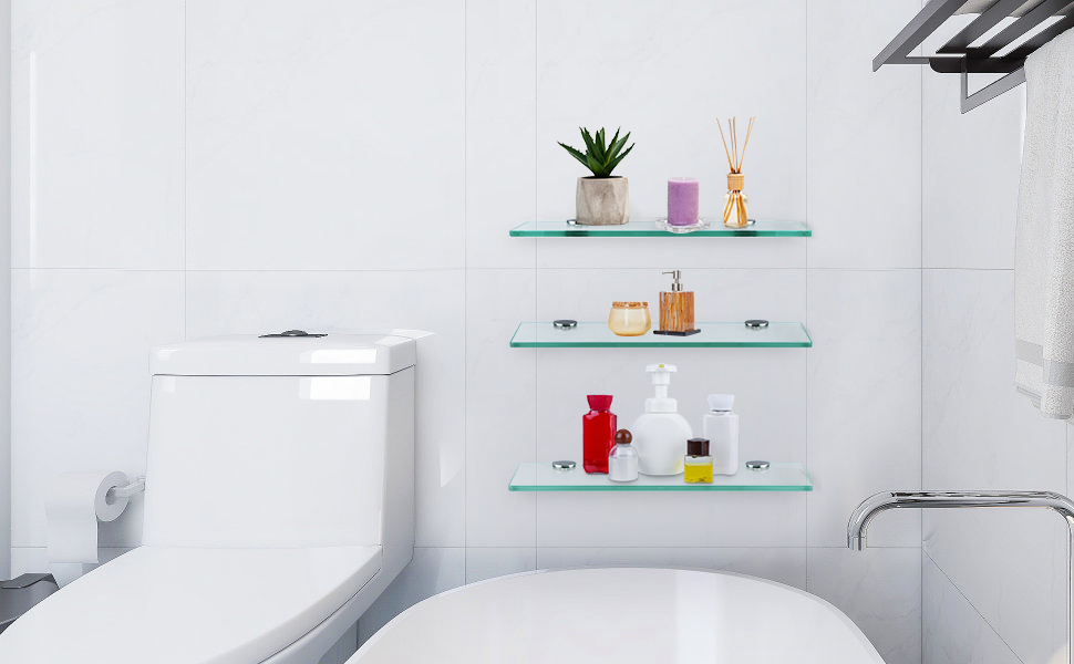 Sanbege Tempered Glass Bathroom Shelf with Brackets, 15" x