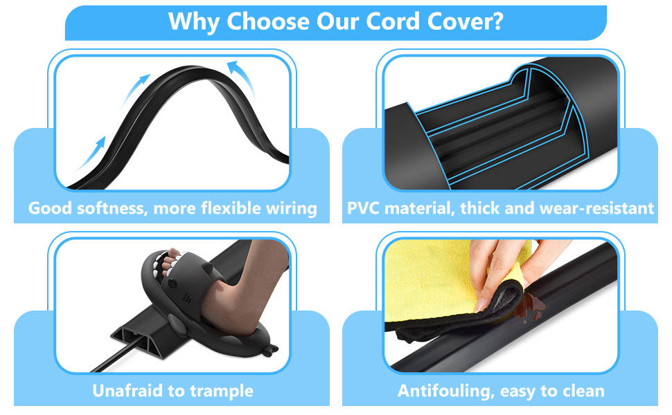 Floor Cable Cover, 10FT Extension Cord Covers, 3 Channels Floor Cable Protector, Floor Wire