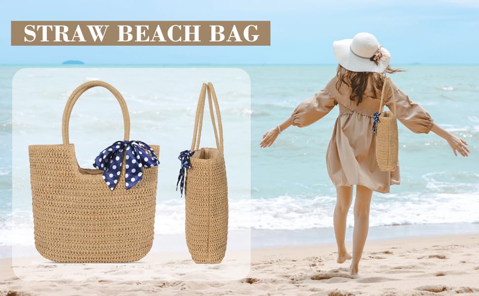 Straw Beach Bags for Women - Summer Soft Large Woven Shoulder Purse Handbag for Women for Holiday