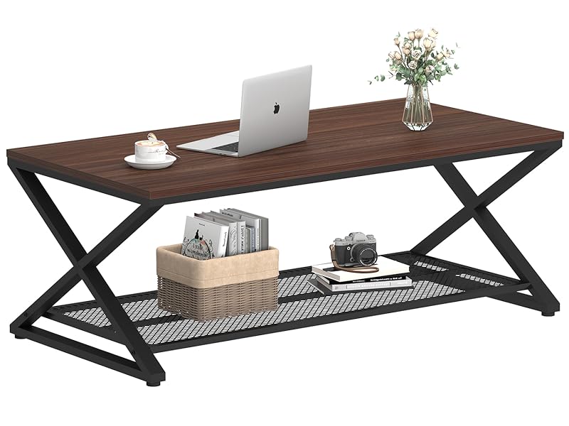 LVB Walnut Coffee Table with Storage, Metal Wood Rectangle