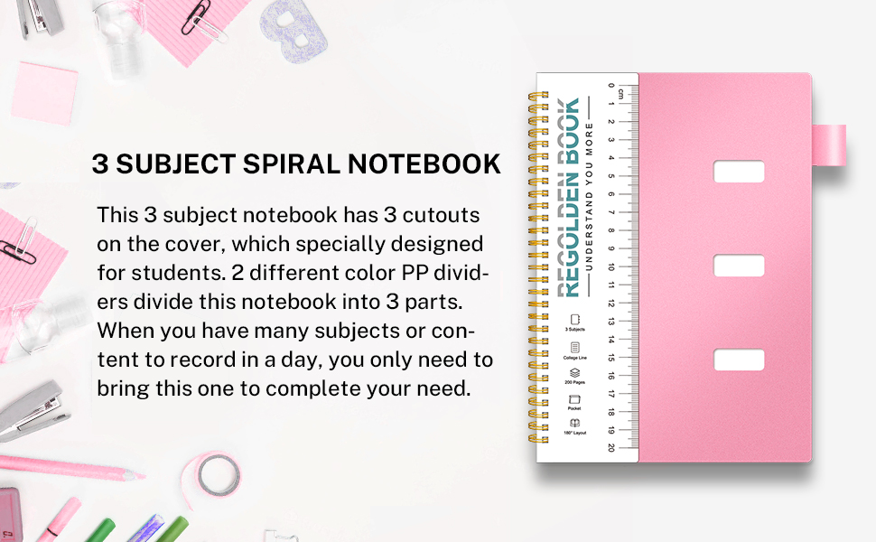 3 Subject Notebook College Ruled with Pocket and Dividers, Multi