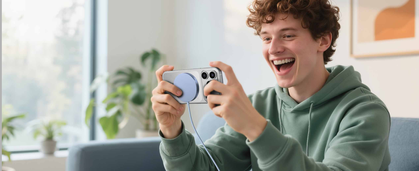 Un autre angle de la même scène de jeu en salle, démontrant un engagement actif avec l'appareil portable.