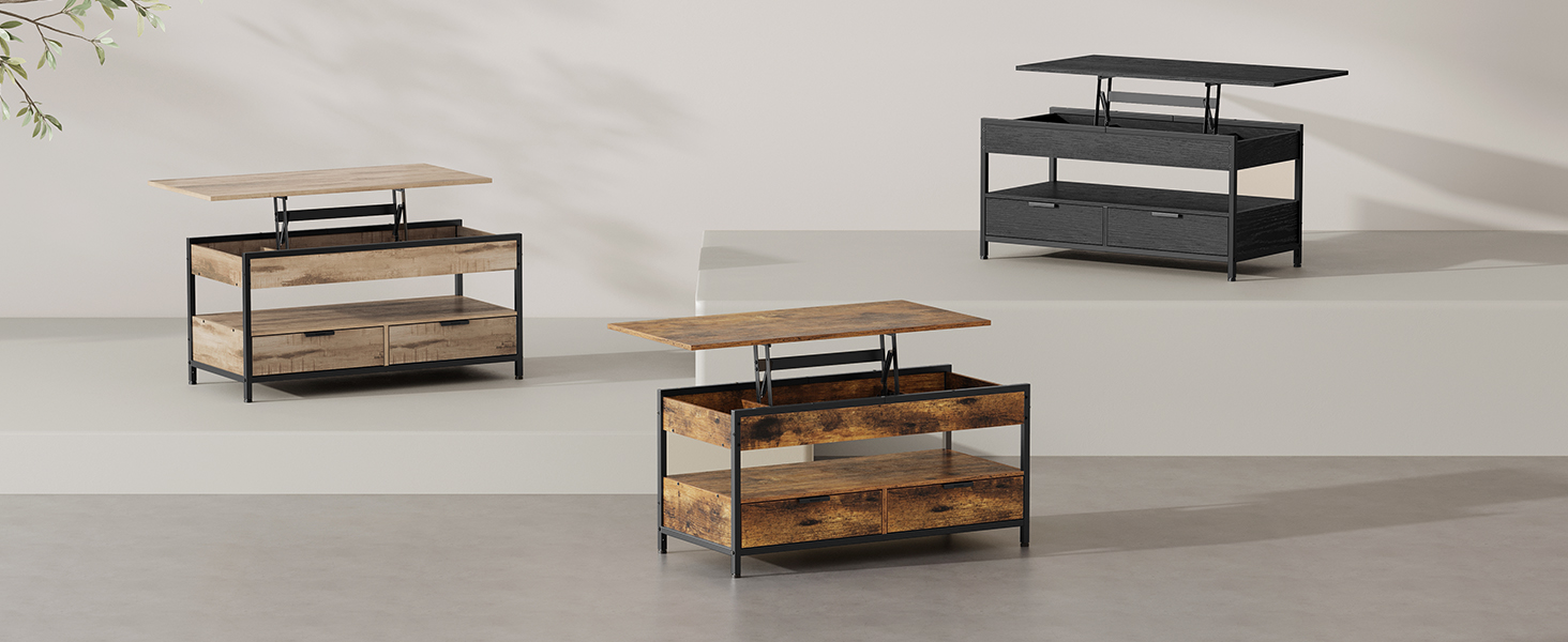 Tri policové jednotky v industriálnom štýle s drevenými úrovňami a čiernymi kovovými rámami, s nastaviteľnou výškou a moderným dizajnom.