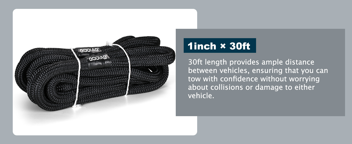 1"×30ft Kinetic Recovery Rope Recovery Tow Strap Heavy Duty Energy Rope