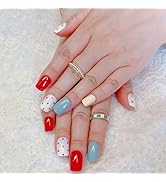 Square Short Press on Nails Multi-Colored Full Cover Fake Nails Red Yellow Blue and White Acrylic...