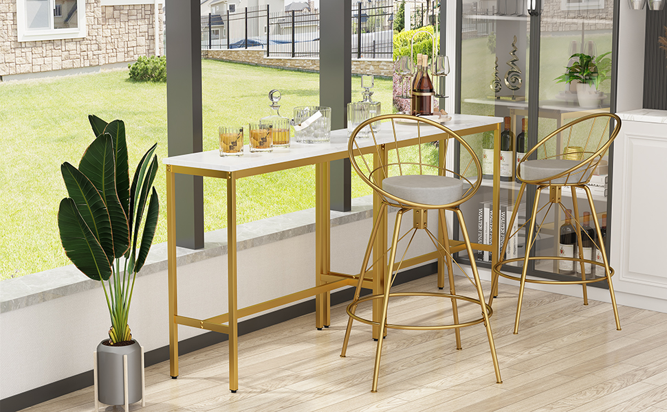 Awonde Modern Rectangle Bar Table Gold White Faux Marble