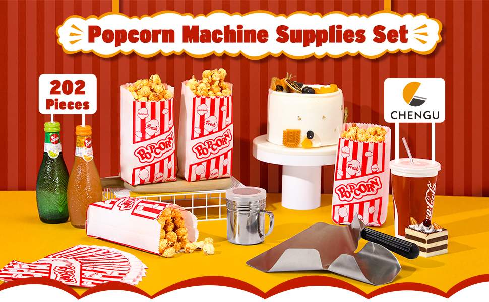 Elesunory 202pcs Popcorn Machine Supplies Set- 1Pcs Kernel Sifting Speed Scoop 1Pcs Seasoning Dredge 200pcs Popcorn Bags- Popcorn Kit for Commercial