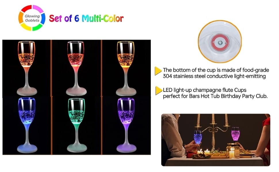 REDGO 6 Pack Champagne Flutes Plastic Reusable Light Up Glasses LED