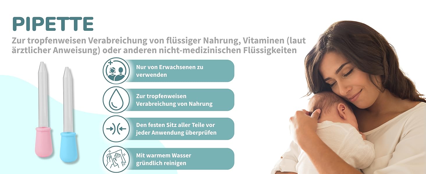 Der Text lautet „PIPETTE“, wobei die Produktvorteile in blauen Kreisen dargestellt sind. Pipettengerät im medizinischen Stil, dargestellt in den Farben Rosa und Blau mit Messmarkierungen.