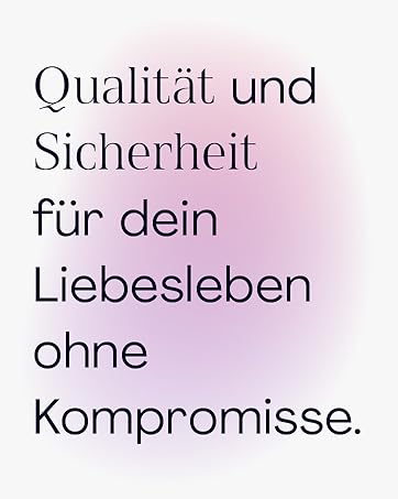 German text on light pink background: 'Qualität und Sicherheit für dein Liebesleben ohne Kompromisse.' (Quality and safety for your love life without compromises.)