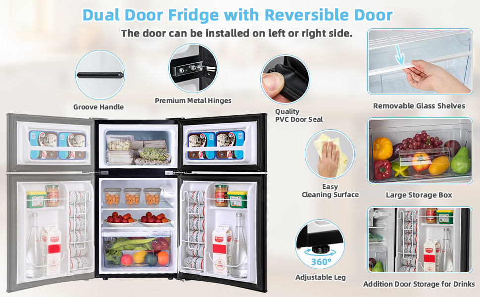 TANGZON 90L Under Counter Fridge Freezer, Low Noise, Reversible 2 Door