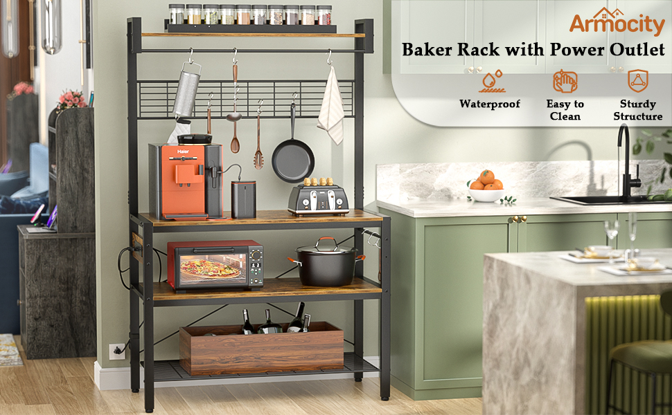 Bakers Rack with Power Outlet, 4Tier Microwave Oven Stand