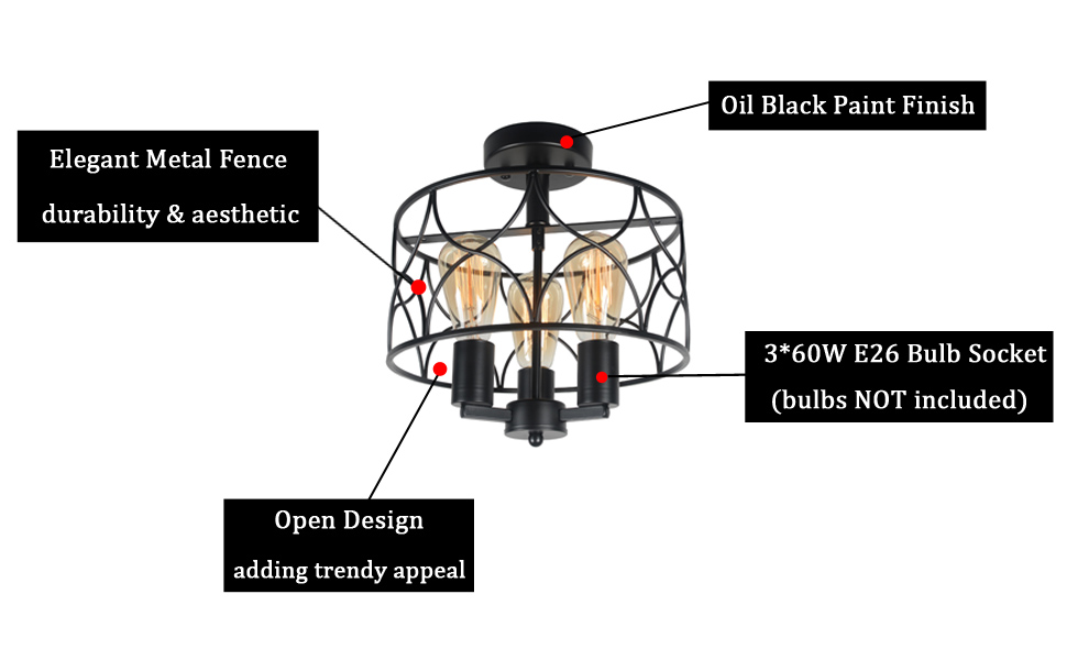 Beuhouz Black Metal Cage Ceiling Light Fixture, Round Industrial Semi