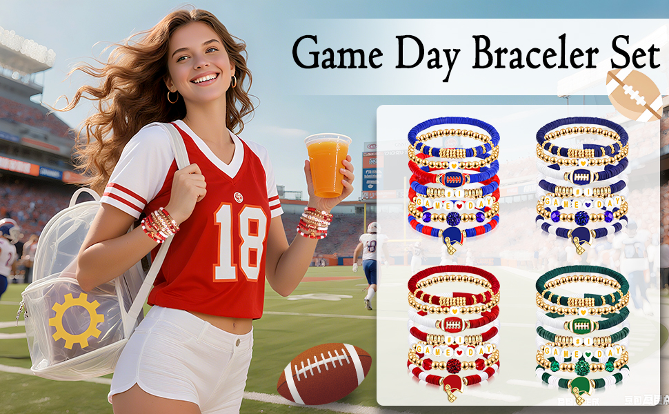 game day bracelet Football Charm Beaded Stretch Bracelet -red