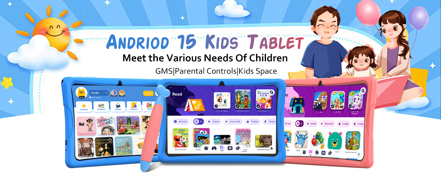 Text reads 'ANDKID '19 KIDS TABLET'. Colorful banner design featuring cartoon-style illustrations and app icons, appearing to be for a children's tablet device.