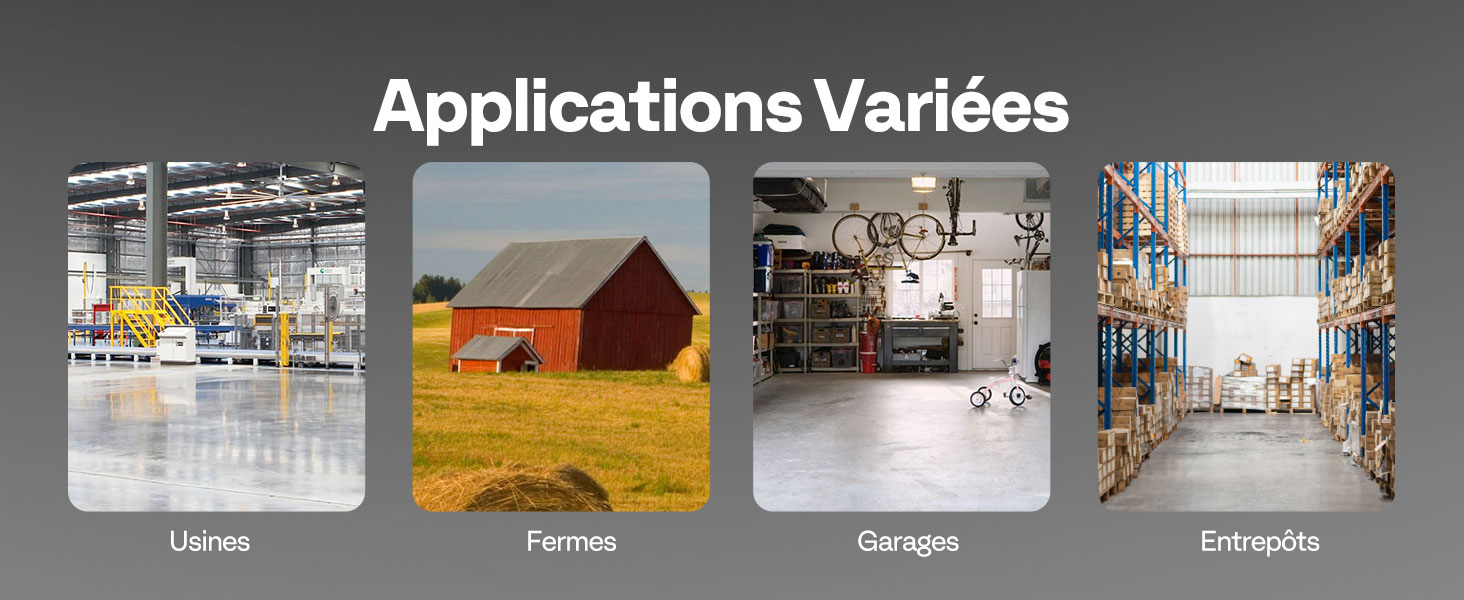 Le texte se lit comme suit : « Applications variées ». Écran à quatre panneaux présentant différentes applications de stockage : Usine, Bureau, Ferme et Entrepôts avec les images de l'environnement correspondantes.