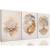 AOYUSMO Tree of Life Zen Wall Art Set of 3 Gold Lotus Wall Art Yin Yang Prints Abstract Paintings...