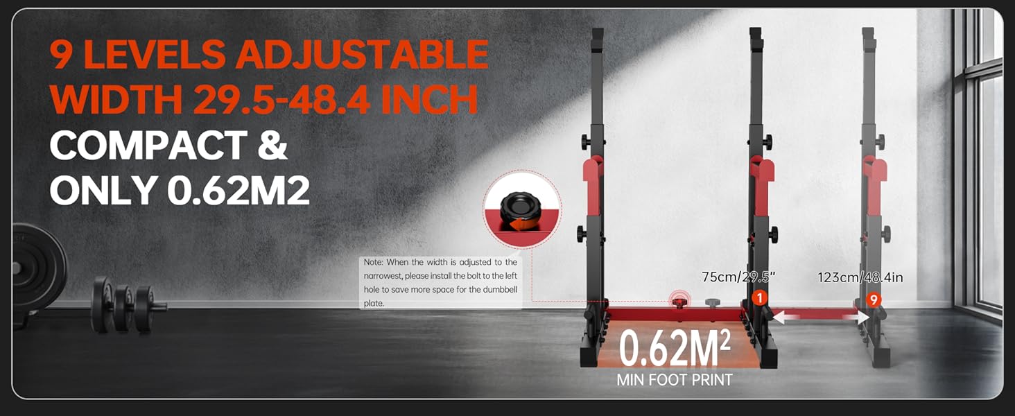 pace-saving and portable design of the Adjustable Squat Rack for small home gyms.