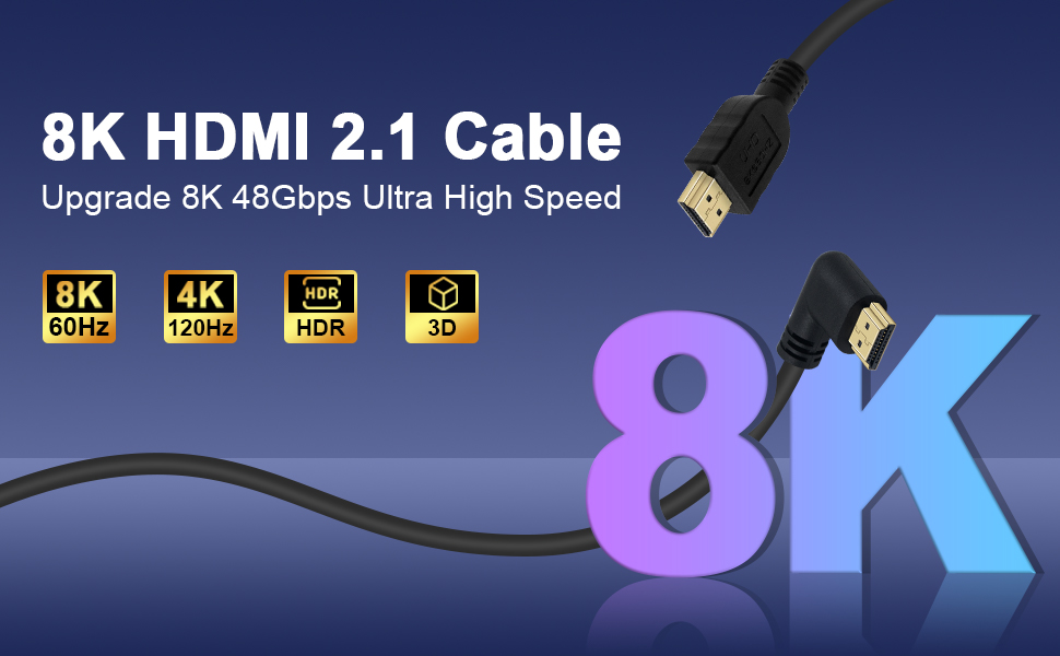 Poyiccot 8K HDMI 2.1 Cable 6feet，8K HDMI 48gbps 90 Degree