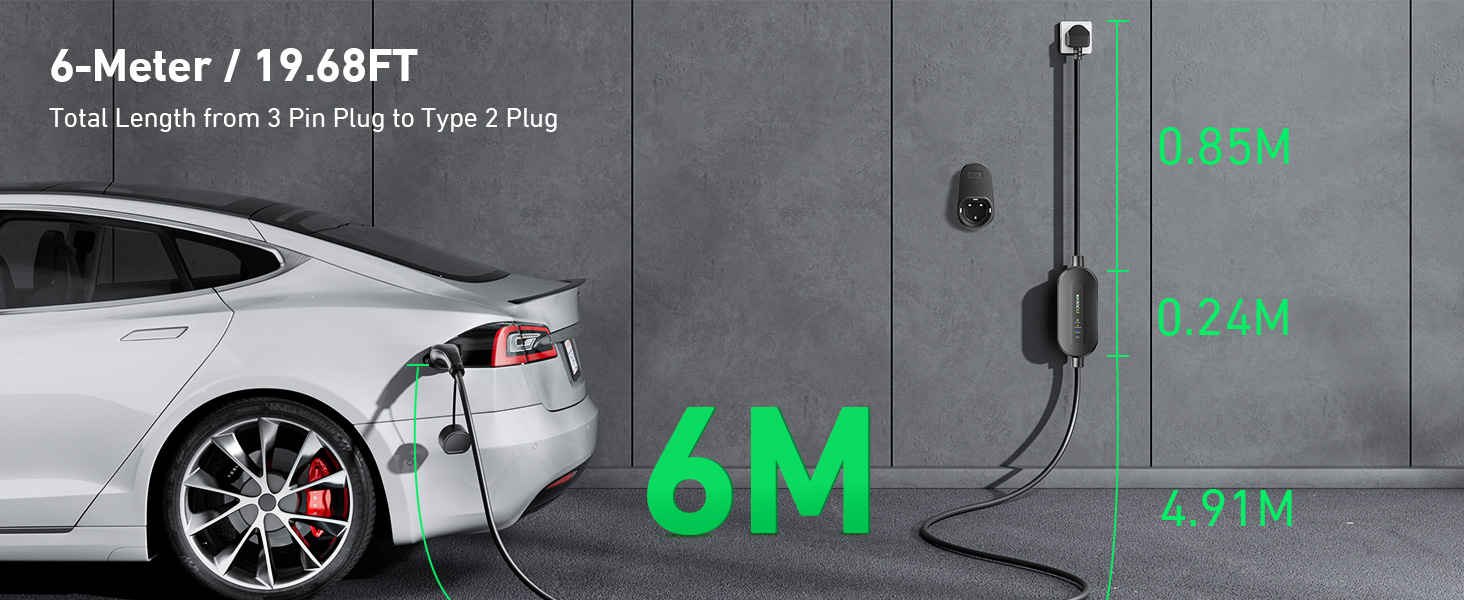 Text shows '6-Meter/19.68FT' with diagram showing 6M measurement markings on gray surface next to vehicle wheel.