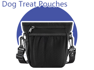 Dog Treat Bag with Magnetic Opening and Adjustable Belt Set of 4 Dogs Accessories (Clicker Dog & Bag Treats for Dogs & Backpack for Training Dogs & Poop Bag Dispenser) 14 El texto dice «bolsas de golosinas para perros». Vistas múltiples de una bolsa negra para golosinas con cierre, correa ajustable en la cintura y bolsillo frontal.