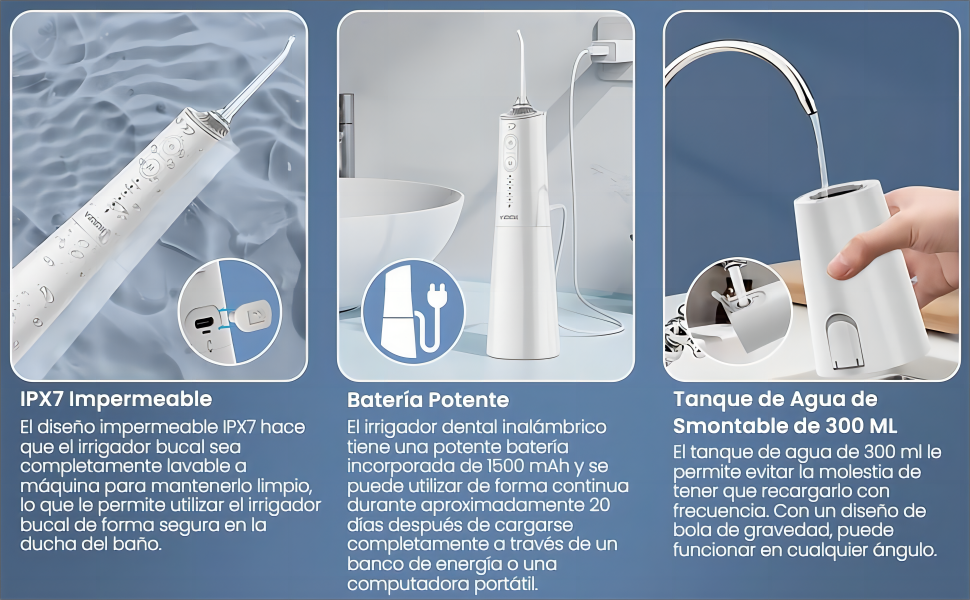 Vitrine de produtos de três painéis de um fio dental de mão branco. As características incluem impermeabilização IPX7, bateria potente e depósito de água de 300ml