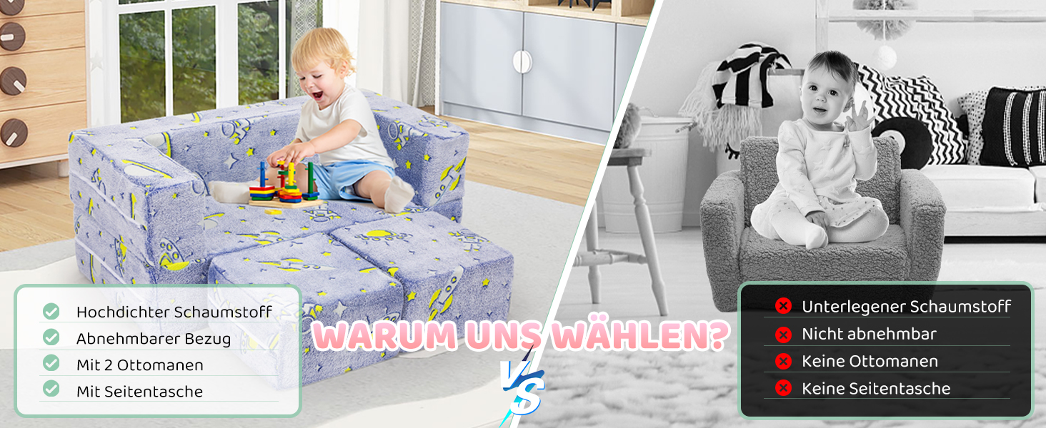 Geteiltes Bild, das farbenfrohe und schwarz-weiße Ansichten von Kindermöbeln oder Sitzgelegenheiten vergleicht, mit Informationstext in Deutsch