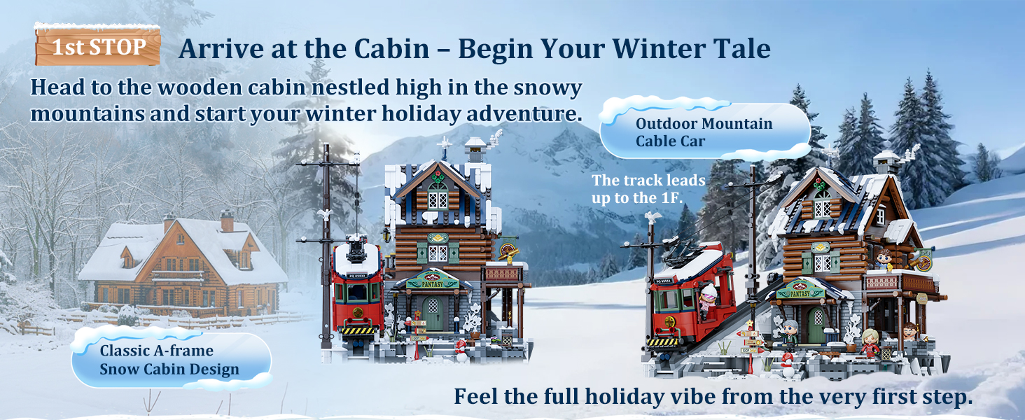 Text reads 'Arrive at the Cabin - Begin Your Winter Tale'. Illustrated winter scene progression showing people arriving at a snow-covered cabin, with multiple vignettes of winter activities.