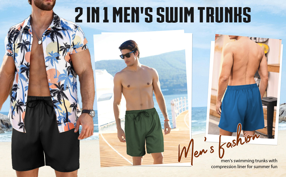 Mens Swim Trunks Compression Liner 7 Inch Inseam Shorts Swimming Bathing Suit Board Pockets Swimwear