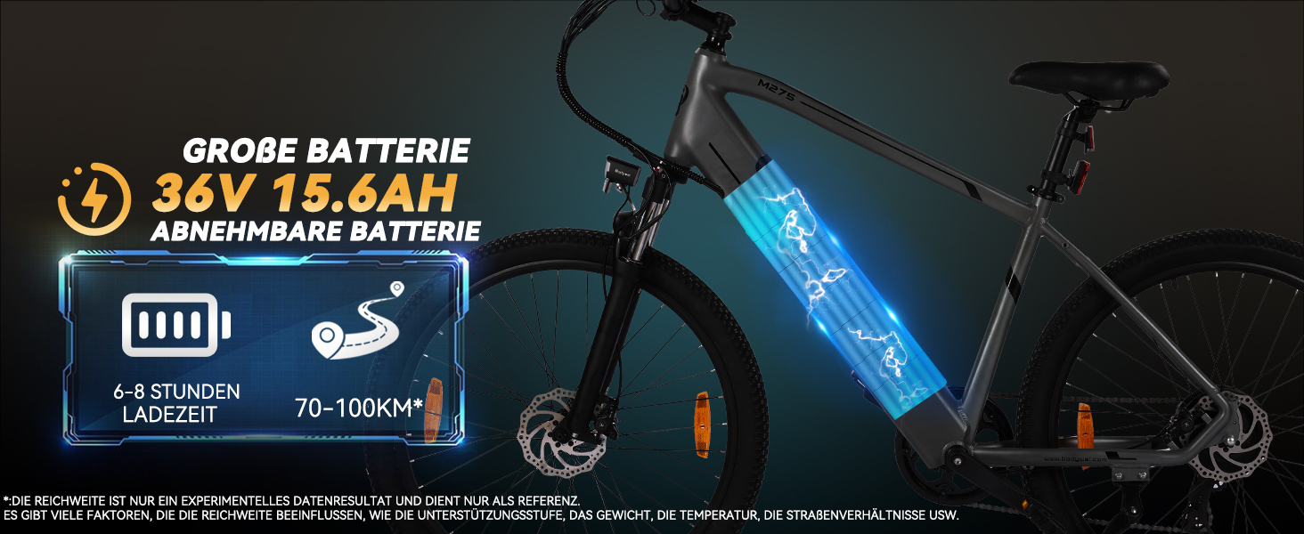 Der Text lautet 'GROßE BATTERIE 36V 15.4AH ABNEHMBARE BATTERIE' und '70-100KM'. Schwarzes Elektrofahrrad