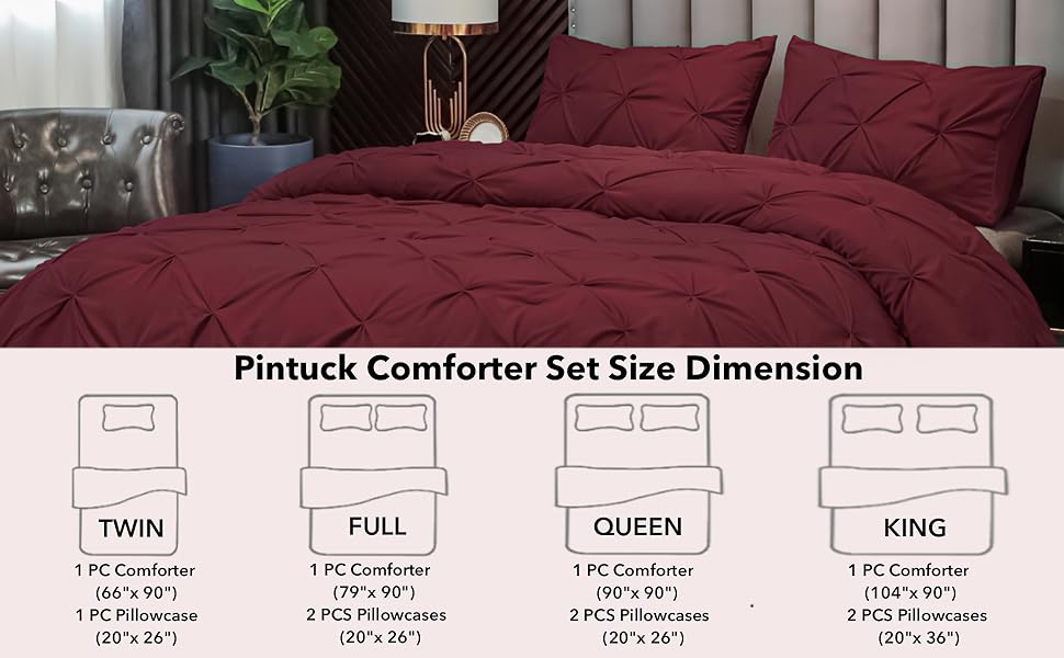Andency Burgundy Comforter Set King(104x90Inch), 3 Pieces(1 Pinch Pleat Comforter