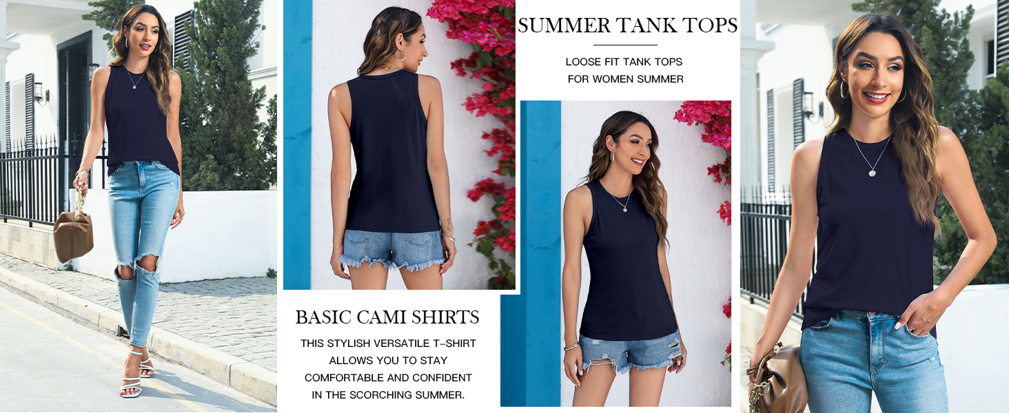 Fisoew Womens' Crewneck Sleeveless Summer Casual Loose Fit Basic Shirts