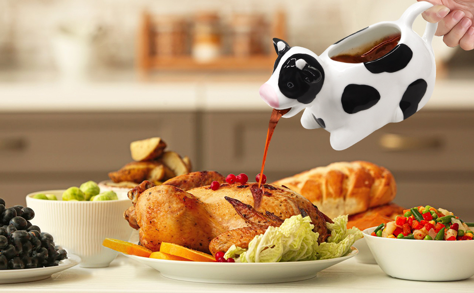 Ceramic Gravy Boat, 11oz/300ml White Gravy Boat Milk Cow Sauce Jug with Smooth