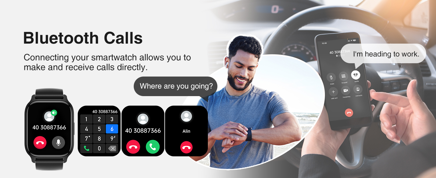 Smartwatch interface showcasing Bluetooth call functionality with multiple screens displaying incoming call options and a person using the device.