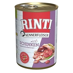 Identische Dose Tiernahrung der Marke „RINTI“ wie im vorherigen Bild, aus demselben Blickwinkel.