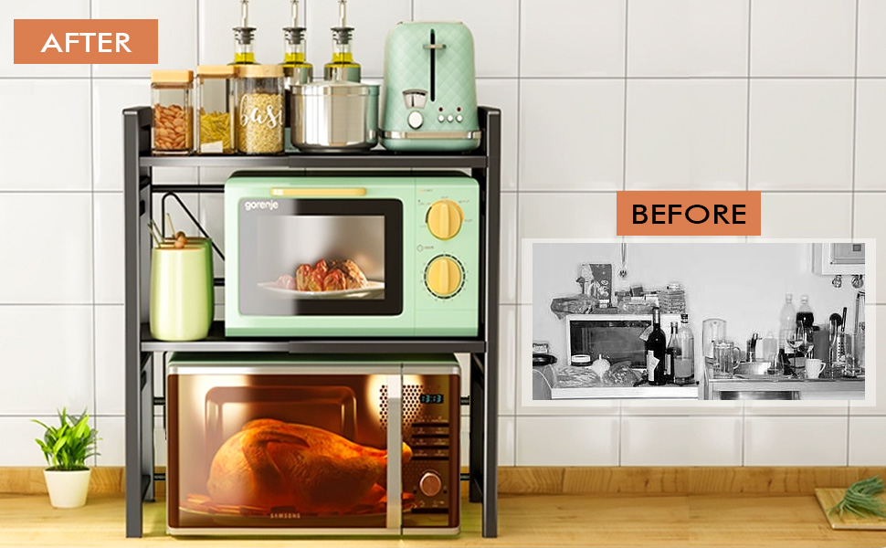 Jnismy 2 Tier Expandable Microwave Oven Rack,Kitchen Counter Organizer Shelf Stand Cutter Holder Chopping Board Stand Adjustable Carbon Steel Kitchen