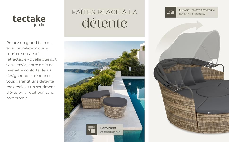 Le texte se lit comme suit : « tectake » et « detente ». Images de produits montrant des meubles d'extérieur, notamment des sièges rembourrés et des éléments en osier.