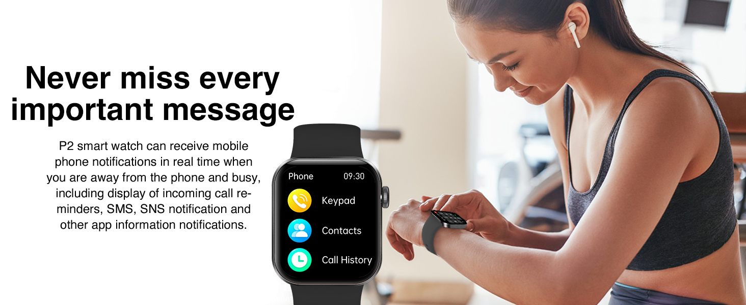 Text reads 'Never miss every important message'. Black smartwatch displaying notification screen against white background, worn by person in athletic wear.
