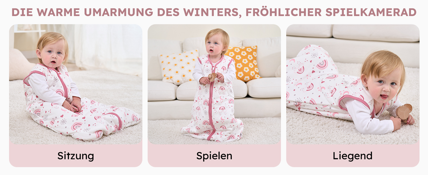 Der Text lautet „Bild 7“ und „DIE WARME UMARMUNG DES WINTERS - FRÖHLICHER SPIELKAMERAD“. Bild auf drei Tafeln, auf denen ein kleines Kind mit einem Plüschtier in verschiedenen Posen zu sehen ist.