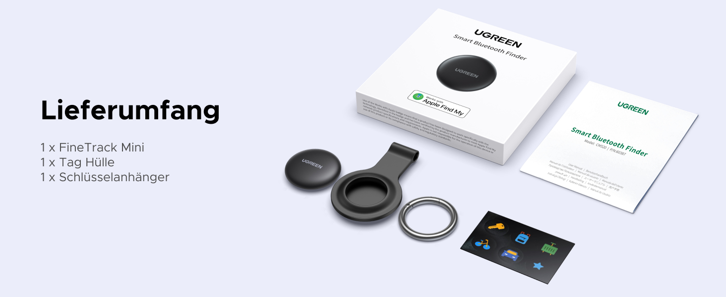 Der Text lautet „Lieferumfang“. Das Layout der Produktverpackung und der Komponenten zeigt ein weißes elektronisches Gerät mit diversem Zubehör, einschließlich Ladekabel und Bedienungsanleitung.