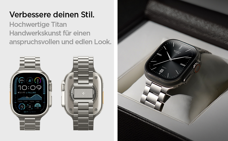 Smartwatch mit quadratischem Display und Titanband, από vorne und hinten abgebildet. Traditionelle Uhr mit schwarzem Zifferblatt und Metallarmband στο Vitrine. Der deutsche Κείμενο beschreibt die Handwerkskunst aus Titan für einen raffinierten Κοίτα.