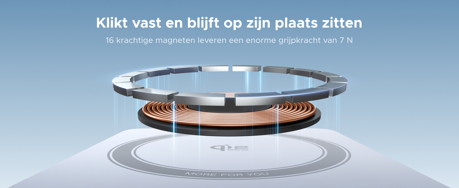 De tekst luidt: 'Klikt vast en blijft op zijn plaats zitten'. Productdemonstratie met een rond metalen apparaat met een concentrisch ringontwerp.
